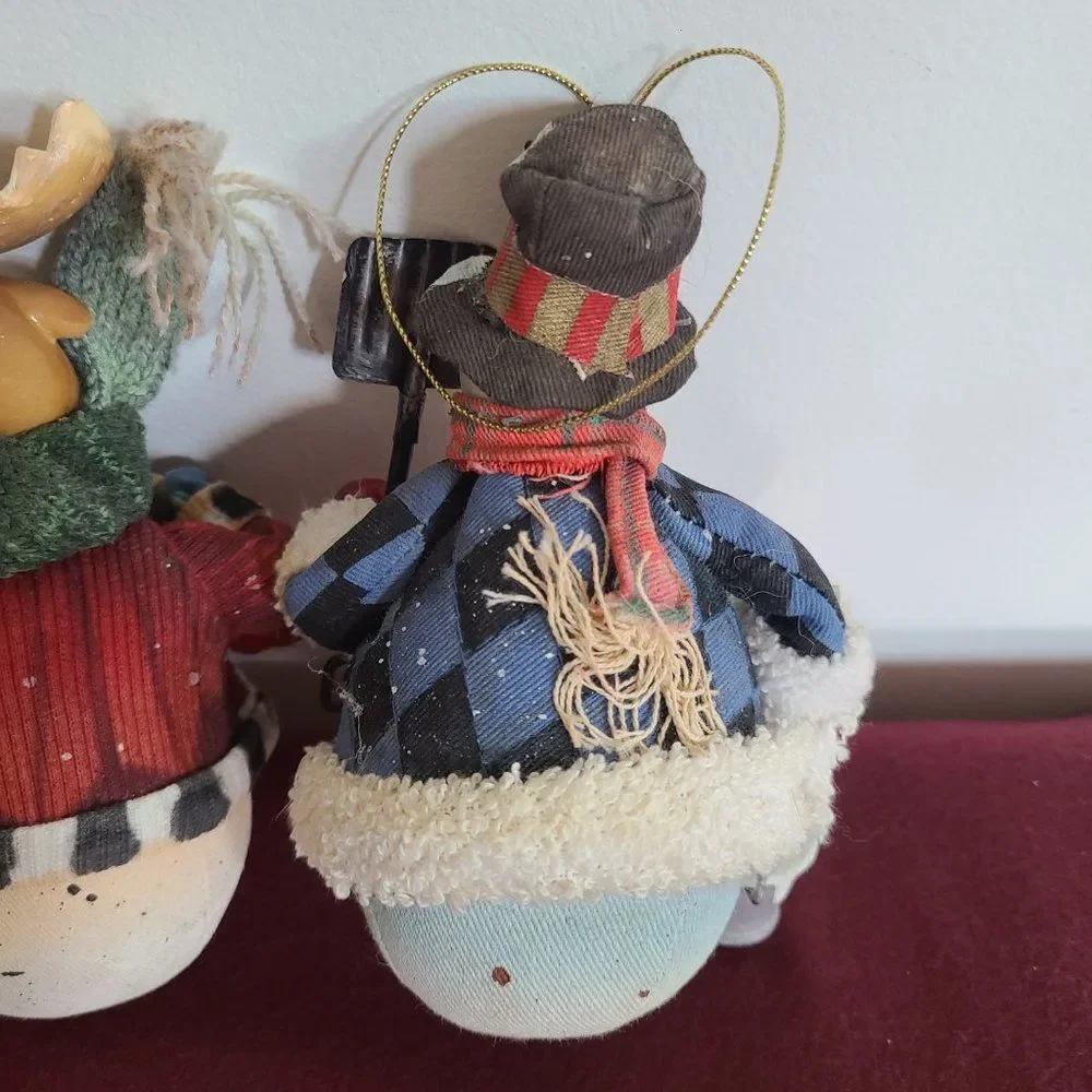 Vintage Fabric Mache Holiday Winter Christmas Ornaments Snowmen & Moose Set of 4